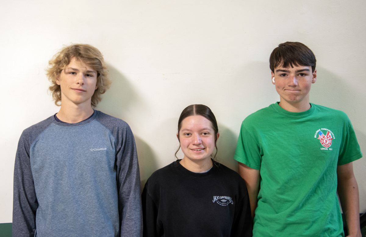 (For social Media)10.8.24 (From L to R) Freshmen Gabriel Starosta, Bailey Bruce, and Aiden McLain stand for a quick picture. 